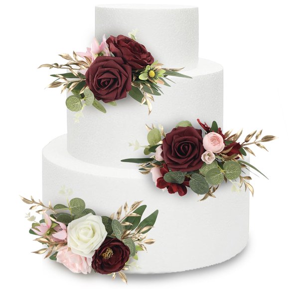 Adorno para tartas con flores de color burdeos, 3 unidades, decoración de boda