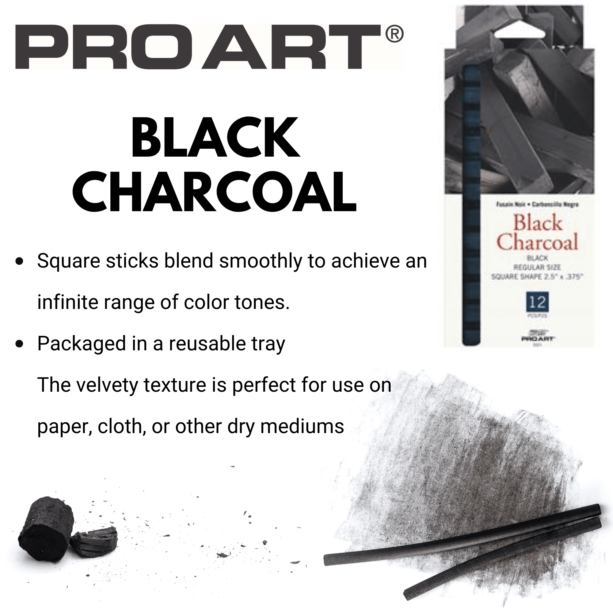Pro Art Charcoal Compressed Charcoal Sticks, dark grey, for charcoal  drawing, sketching, shading, charcoal art supplies. 2 count charcoal sticks  for