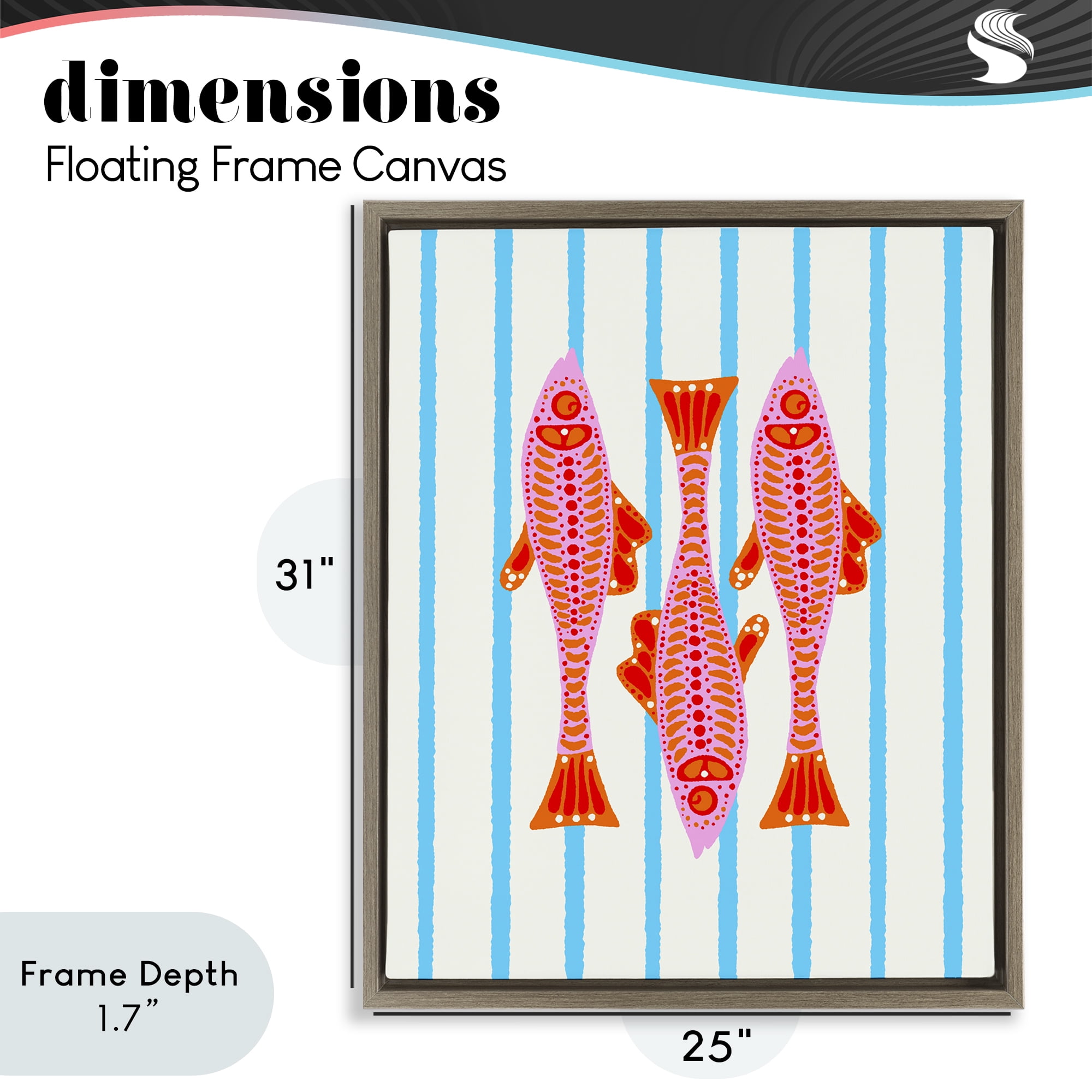 Stupell Industries Bright Aquatic Fish on Stripes Brown Framed Floater Canvas Wall Art, design by Indira Prieto | IndySign