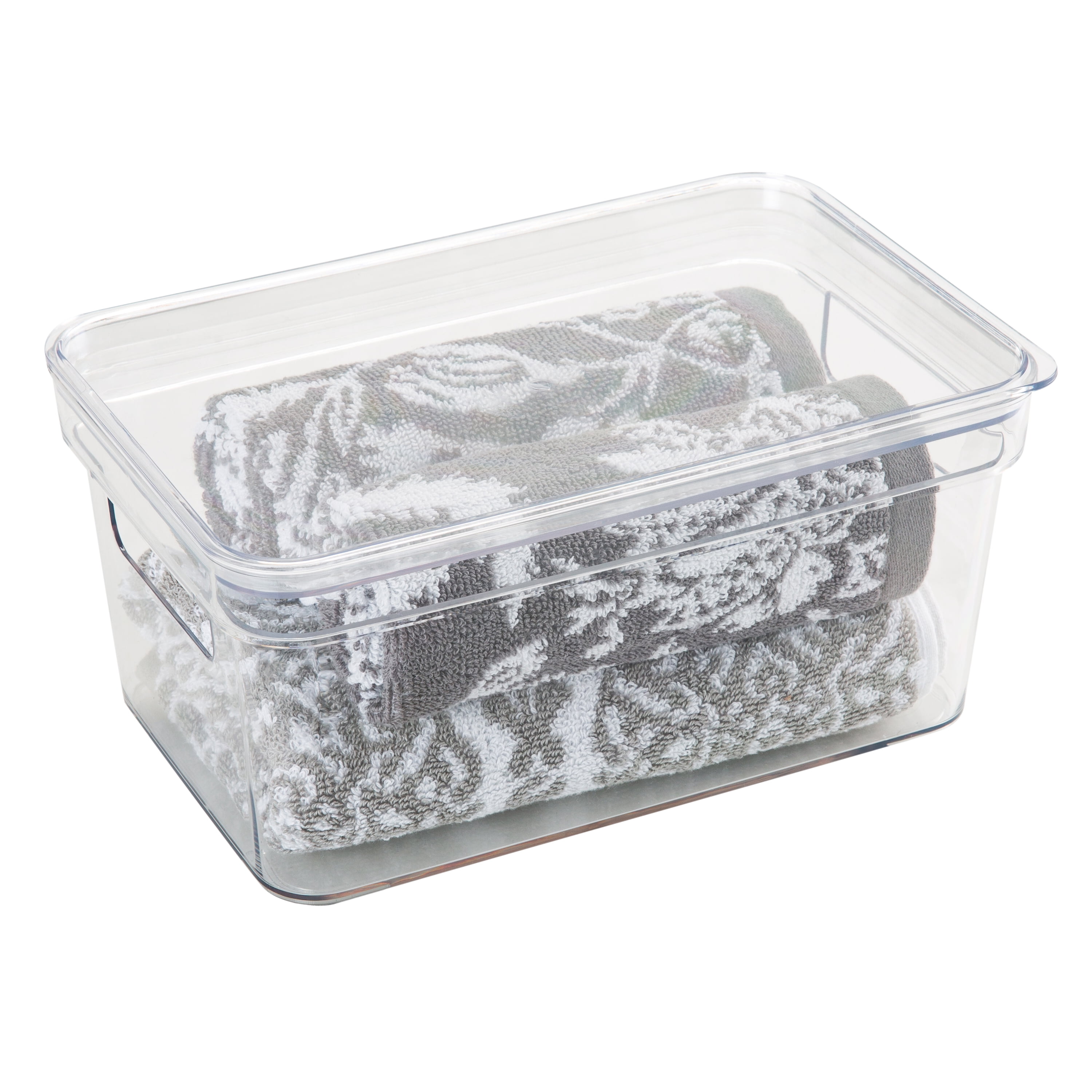 Simplify Small Lidded Plastic Storage Bin Basket with Handles, Clear