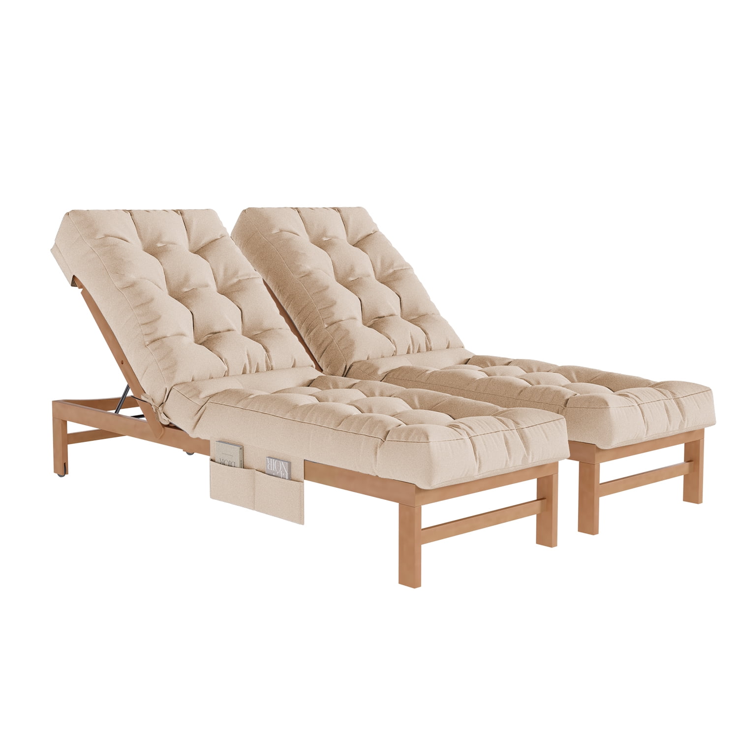 BaPiPro Beige 2-Pack Outdoor Chaise Lounge Cushion with Side Pocket, Triple Non-Slip Fixation, All-Weather Durable & Soft Fabric, Thickened Padding, Ideal for Patio and Poolside Use