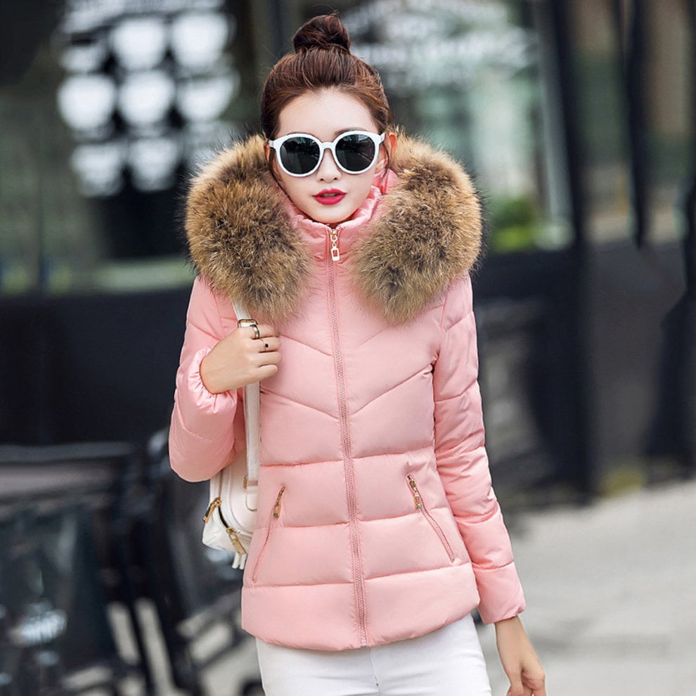 Women's Winter Fur Collar Hooded Down Thicken Cotton Jacket Slim Long Warm Coats 