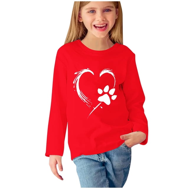 Huvoen Bébé Tout-Petits Filles Haut à Manches Longues Blouse à Manches Longues Blouses et Chemises à Col Rond Filles Chemises à Manches Longues à Imprimés Jolis Chandails Ras du Cou Hauts Blouses Habillées Décontractées Vêtements Rouge 5 Ans