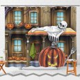 thumbnail image 1 of Spooky Halloween Shower Curtain - Haunted House, Skeleton & Pumpkins Decor, 1 of 5