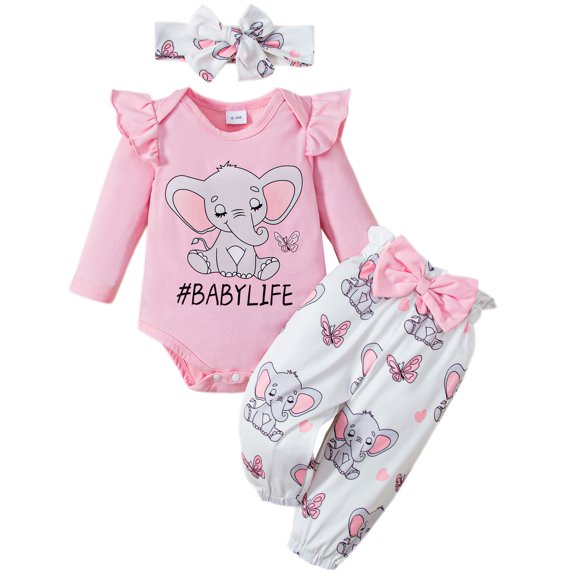 Baby Girls 0-18 Months Elephant Pattern Romper and Pants and Headband Outfit