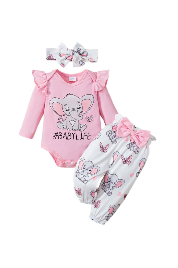 Baby Girls 0-18 Months Elephant Pattern Romper and Pants and Headband Outfit
