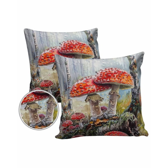 Pack of 2 Outdoor Pillow Covers, Fall Wood Mushrooms Retro Oil Painting Waterproof Square Throw Pillowcase Cushion Decorative Pillow Covers for Couch Patio Tent, 26x26 in