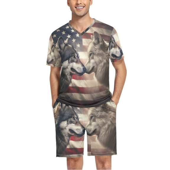 joogoo Men's Pajama Set Wolf and Flag V-Neck Pj Shorts Set 2 Piece Loungewear Sleepwear L