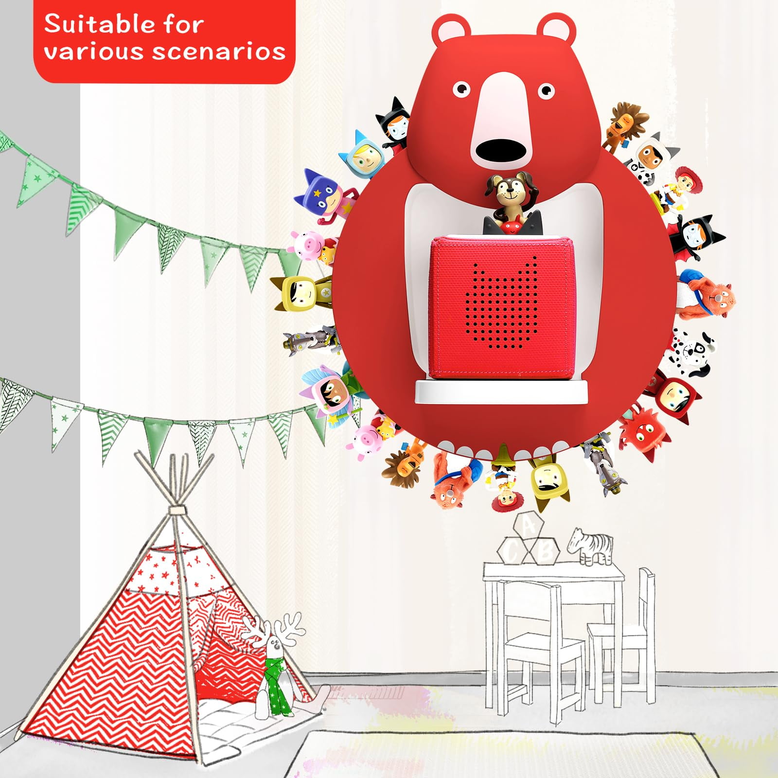 Tnvodejo for Toniebox Creative Bear Children's Magnetic Floating Shelf and for Tonies for 30-48 Figures - Wall Shelf for The Music Box - for Playing and Collecting - for Children's Baby Rooms (Red)