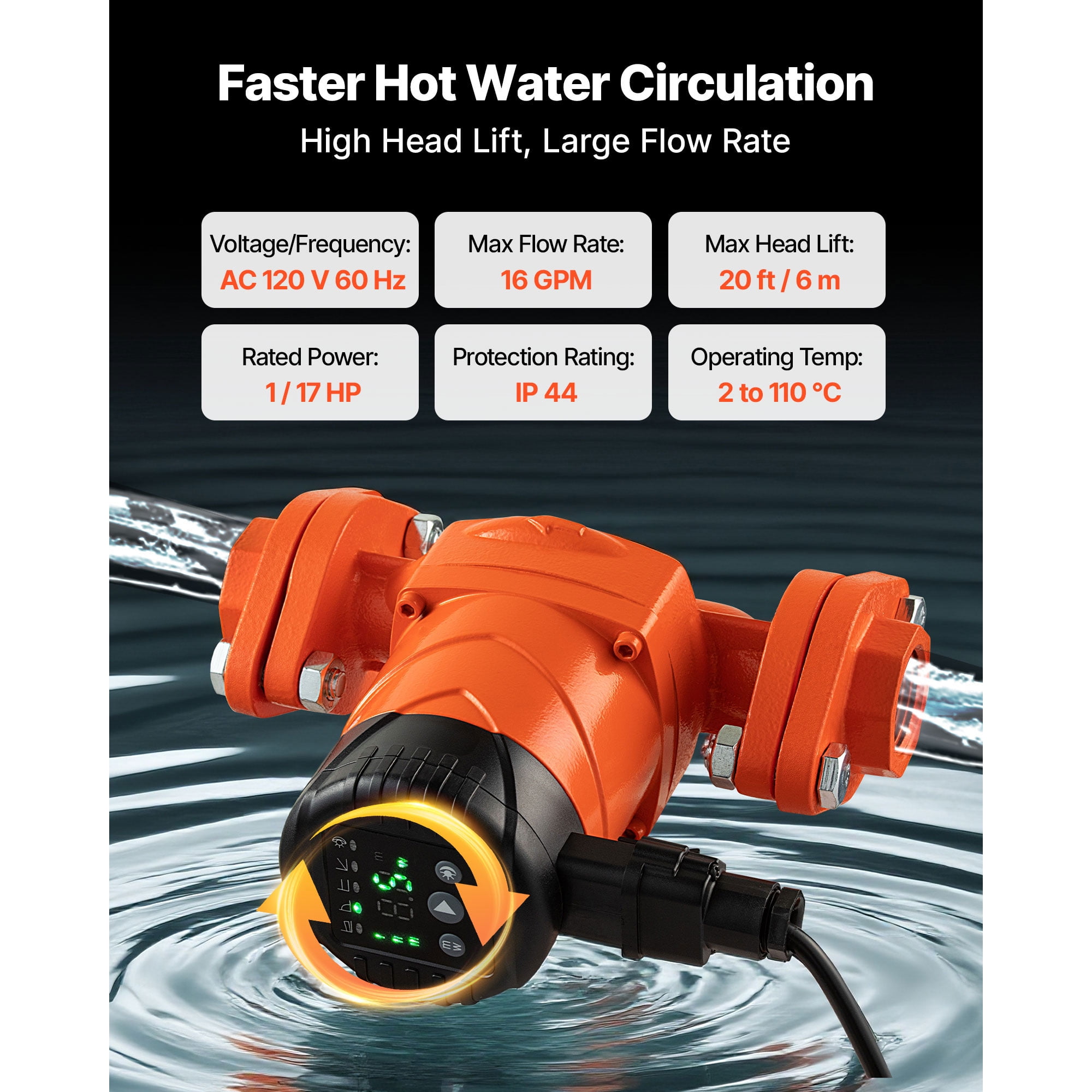 KFFKFF High-Efficiency Circulator Pump, 16 GPM,120V,20 ft Cast Iron Hot Water Recirculation Pump with 1-Inch Flange Connection, Built-In Check Valve, Quiet Performance for Residential Heating Systems