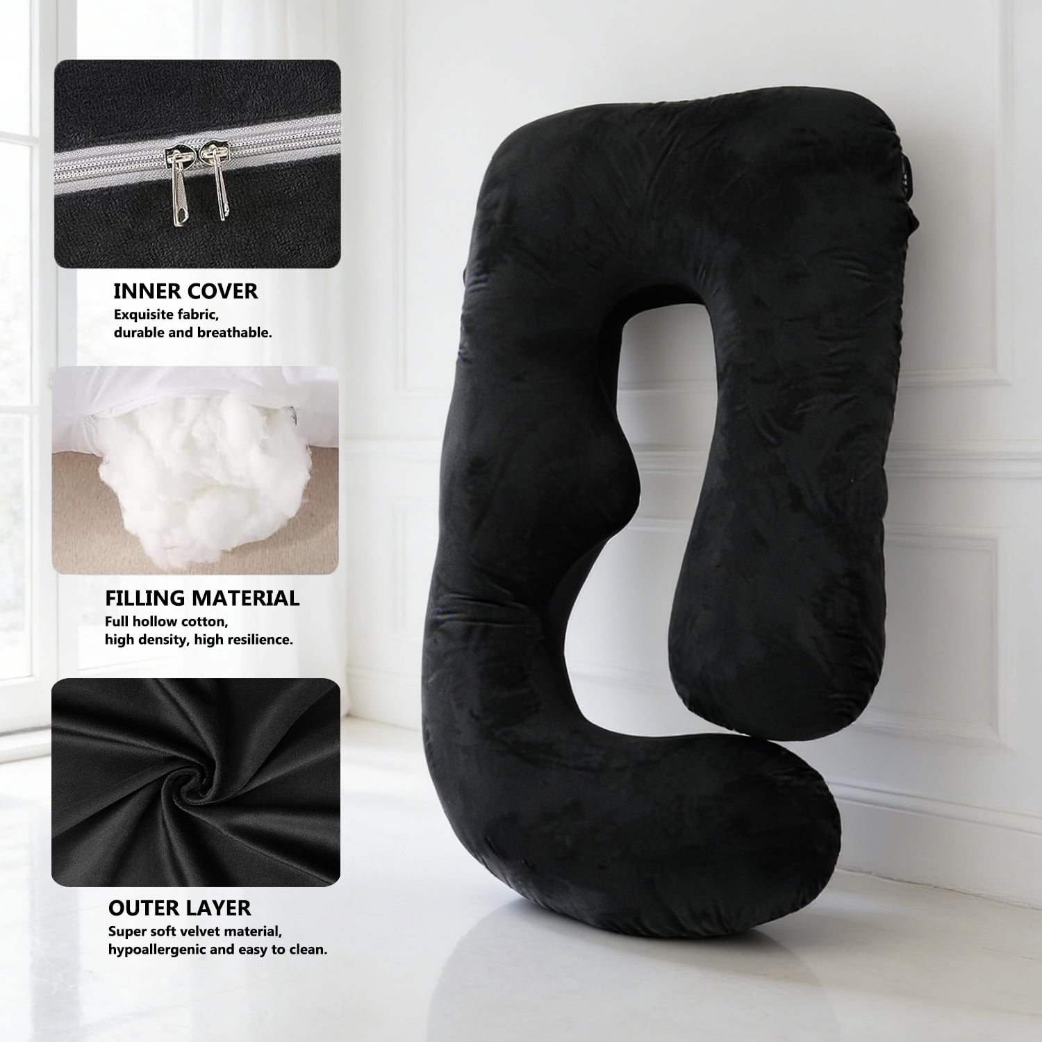 J-Shaped Pregnancy Pillow (65" x 16" x 8") - Full Body Maternity Support Pillow for Back, Hip and Belly Relief, Black