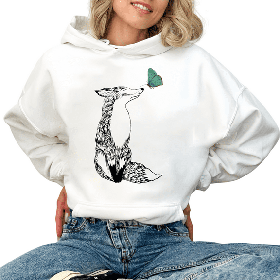 White Graphic Sweatshirt Print hoodie Sweatshirt Elegant Fox and Butterfly Spring Wear womans S-2XL Tops