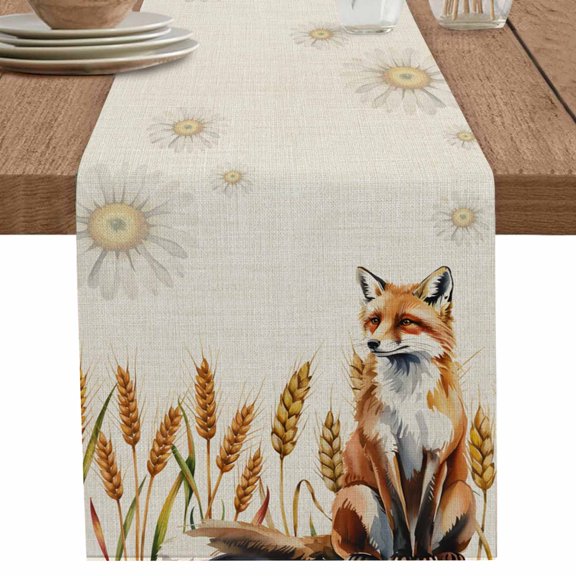 nqOlkjepod Thanksgiving Fox Table Runner 36 Inches Long Farmhouse Dress Scarves, Farmhouse Wheat Fall Beige Dining Tablerunner for Coffee Table/Kitchen Island/Party Décor, Small 13" x 36"