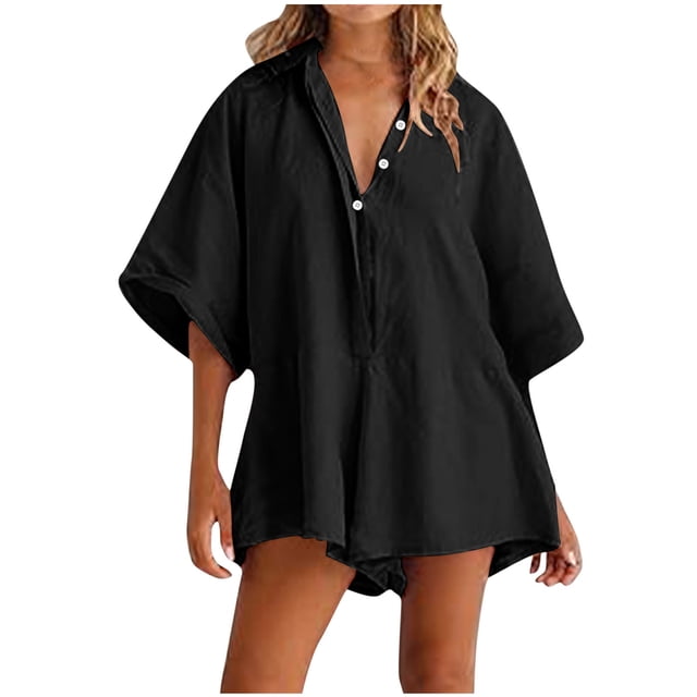 Yuyuzo Women Jumpsuit V-Neck Half Button Collared Rompers Short Sleeve Oversized Lightweight Overalls