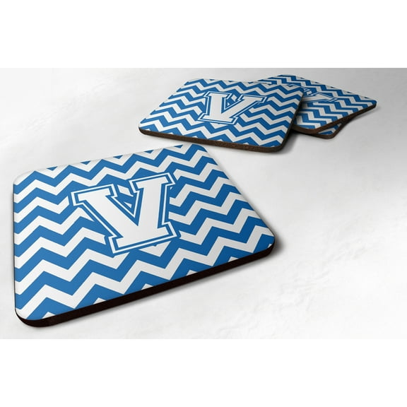 Carolines Treasures CJ1045-VFC Letter V Chevron Blue and White Foam Coaster Set of 4 3 1/2 x 3 1/2 multicolor