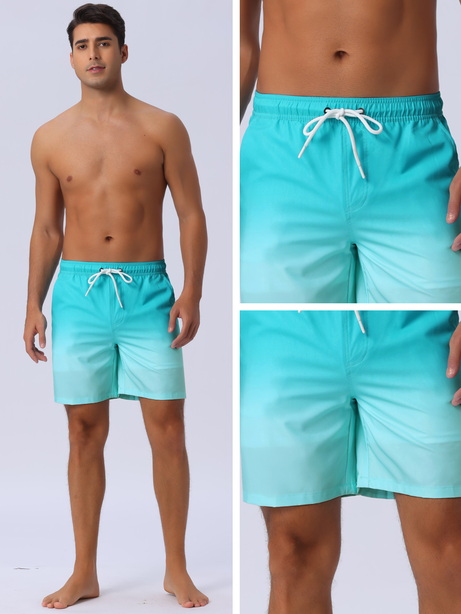 DARING DIVA Men's Gradient Color Drawstring Elastic Waist Lining Swimming Trunks 38 Light Blue