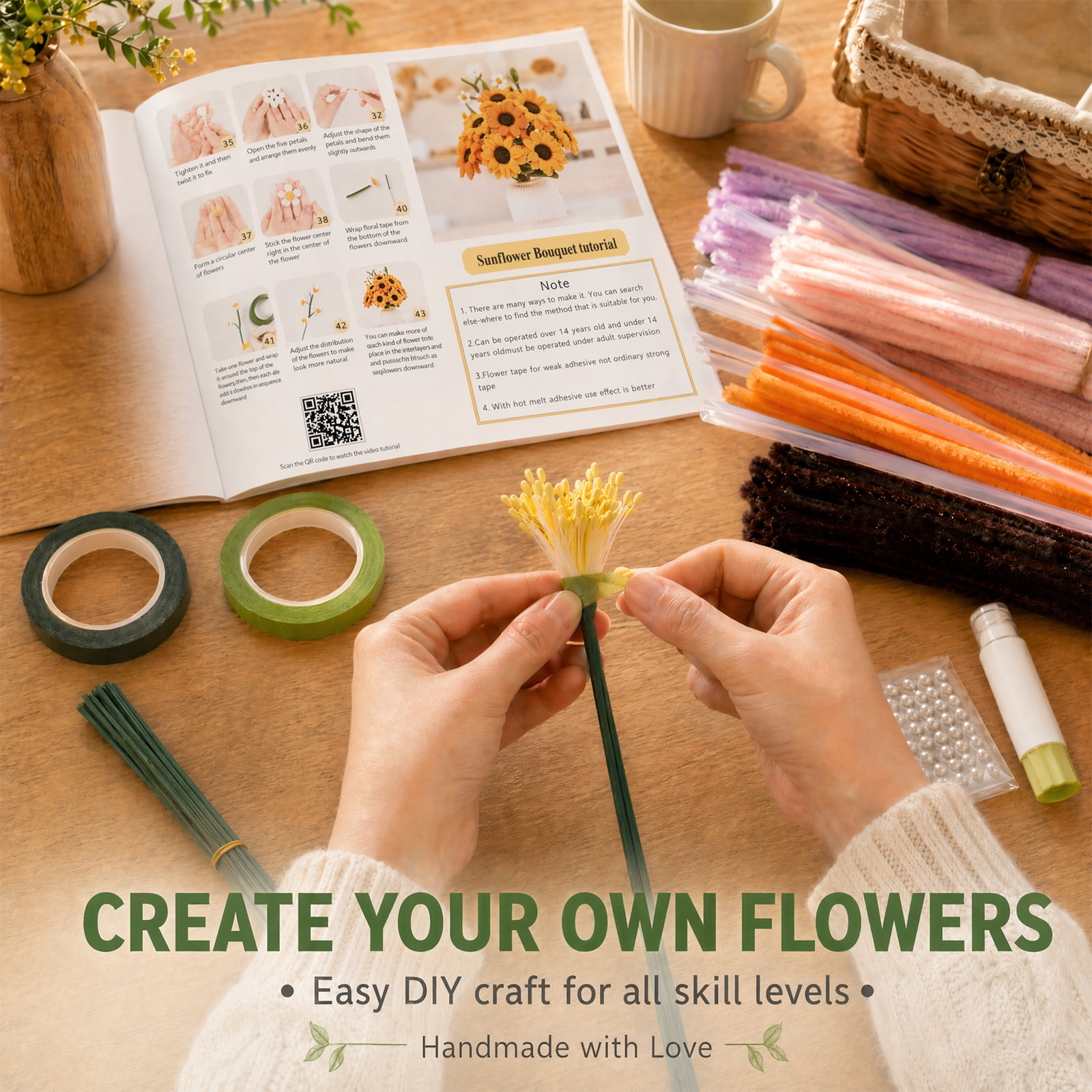 900Pcs Pipe Cleaners Craft Pipe Cleaners Flowers Kit 9 Color Chenille Stem with 40 Stem Glue Stick Floral Tape Stamen Ribbon Wrapping Paper Handmade Bouquet for Arts DIY Craft Supplies
