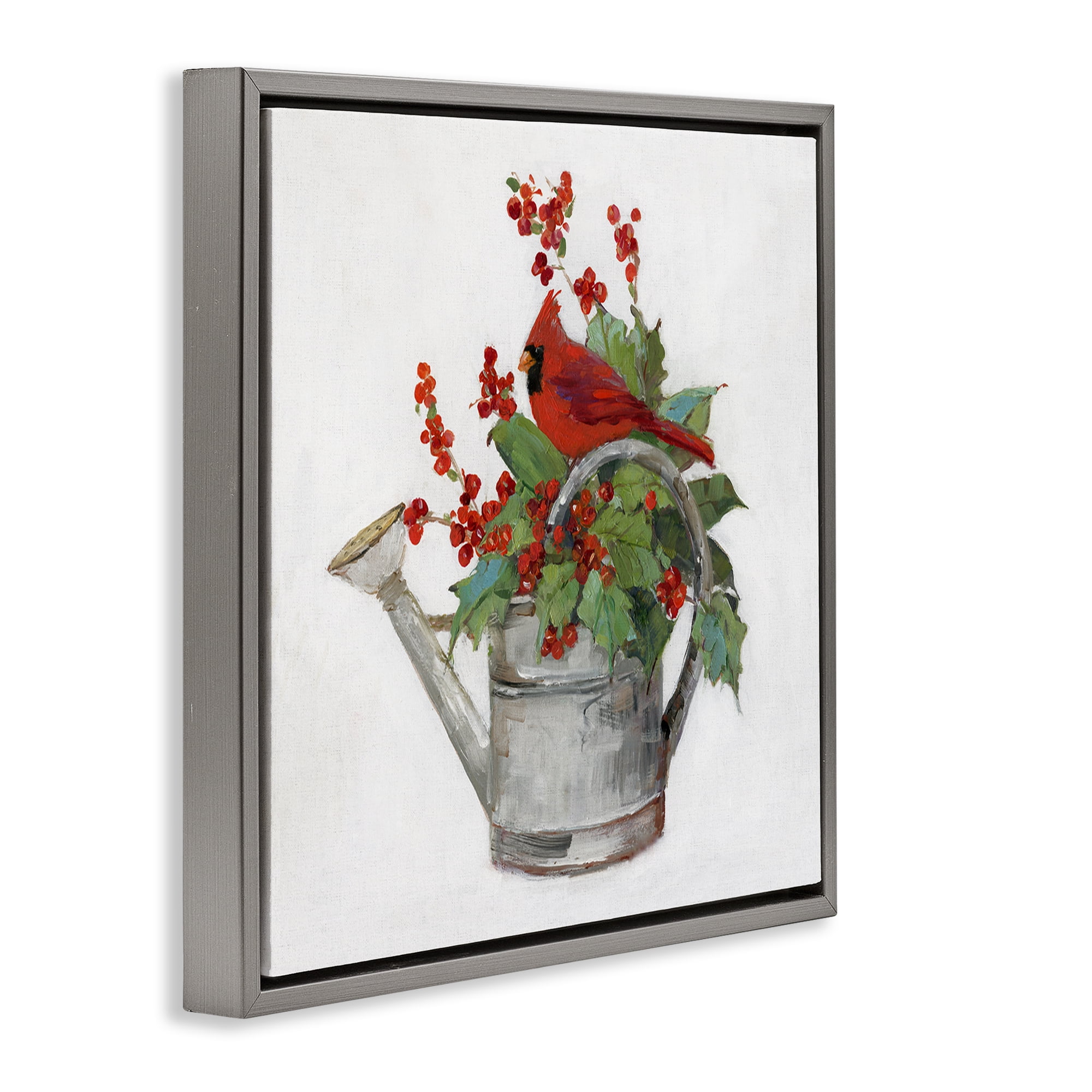 Stupell Industries Cardinal & Watering Can Holiday Painting Gray Floater Framed Canvas Art Prints Wall Art, 25 x 25