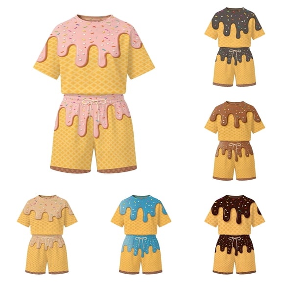 JAJAHO Unisex Girls Boys 2 Piece Outfits Ice Cream Printed Short Sleeve T Shirt And Drawstring Shorts With Pockets Kids Summer Clothes Set Sweatsuits 2-14Y