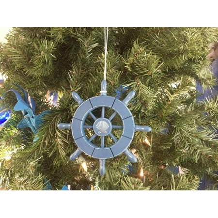 - Rustic Light Blue Decorative Ship Wheel With Seashell Christmas Tree Ornament 6
