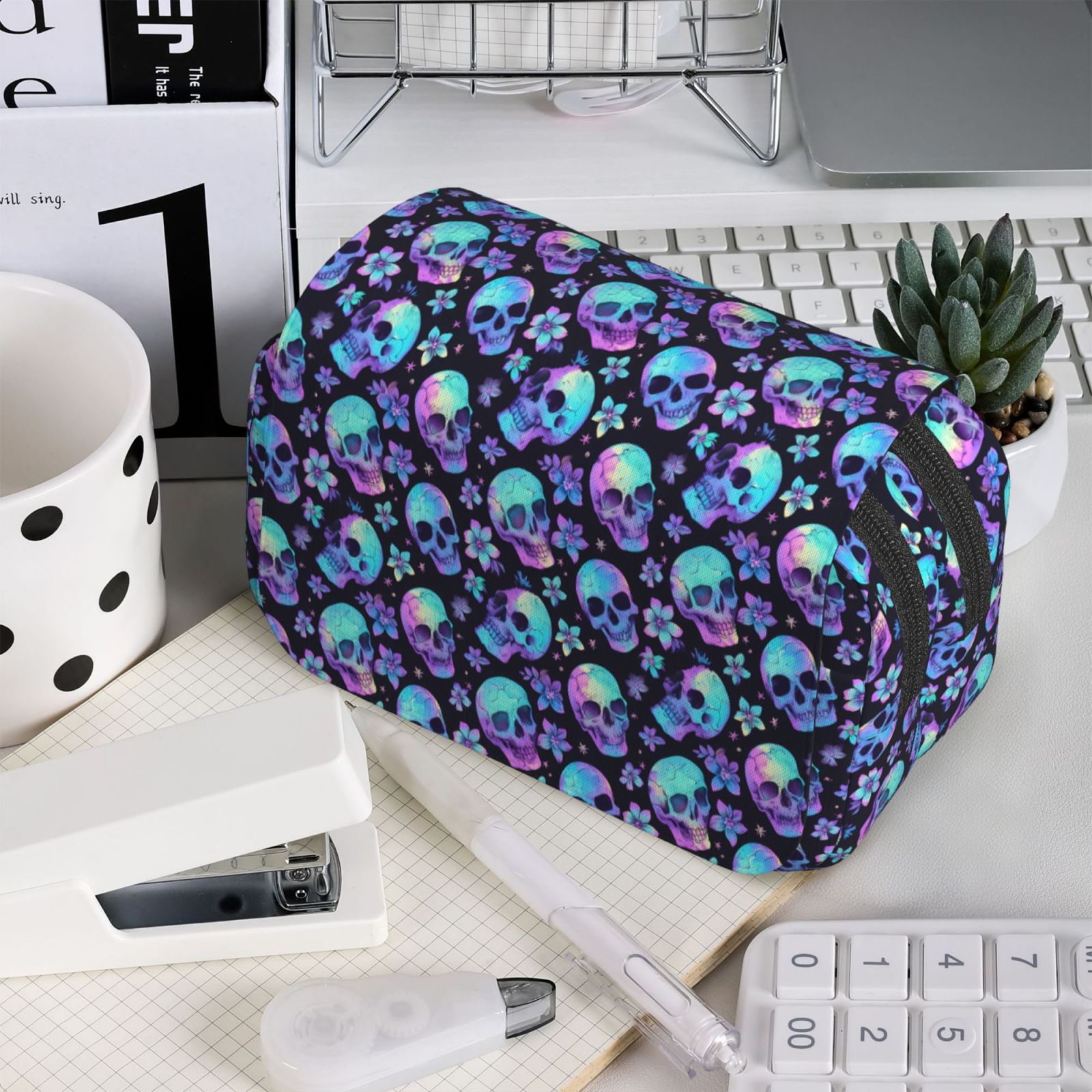 Rateoe Skull flower tie dye Pattern Double Clamshell Pen Case, Storage Organizer with Two Zipper Compartments– Holds Up to 50 Pencils & Pens