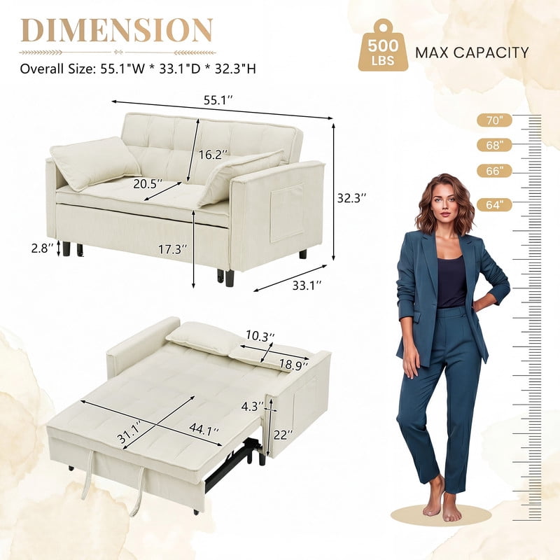 54.3" Corduroy Modular Sectional Sleeper Sofa,Loveseat with Pull Out Bed, Beige – Space-Saving Couch for Living Room, Guest Bed, Apartment