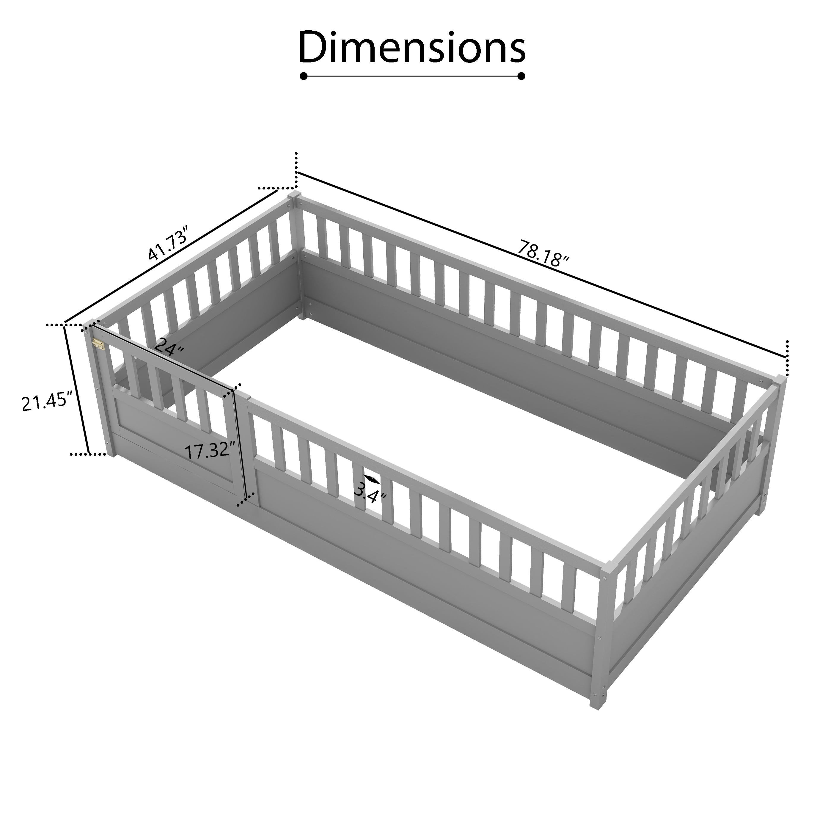 Bellemave Twin Size Floor Bed with Door and High Fence Guardrails Floor Bed without Bed Slats Wooden Floor Bed Montessori Bed Frame(Twin, Gray, Without Slats)