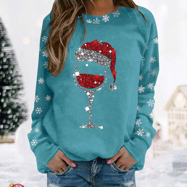 MPWEGNP Chandails de Noël pour Femmes Col Rond Imprimé Verre de Vin Rouge Chandail Léger Coupe Ample Blouse Hauts Bleu Ciel TG