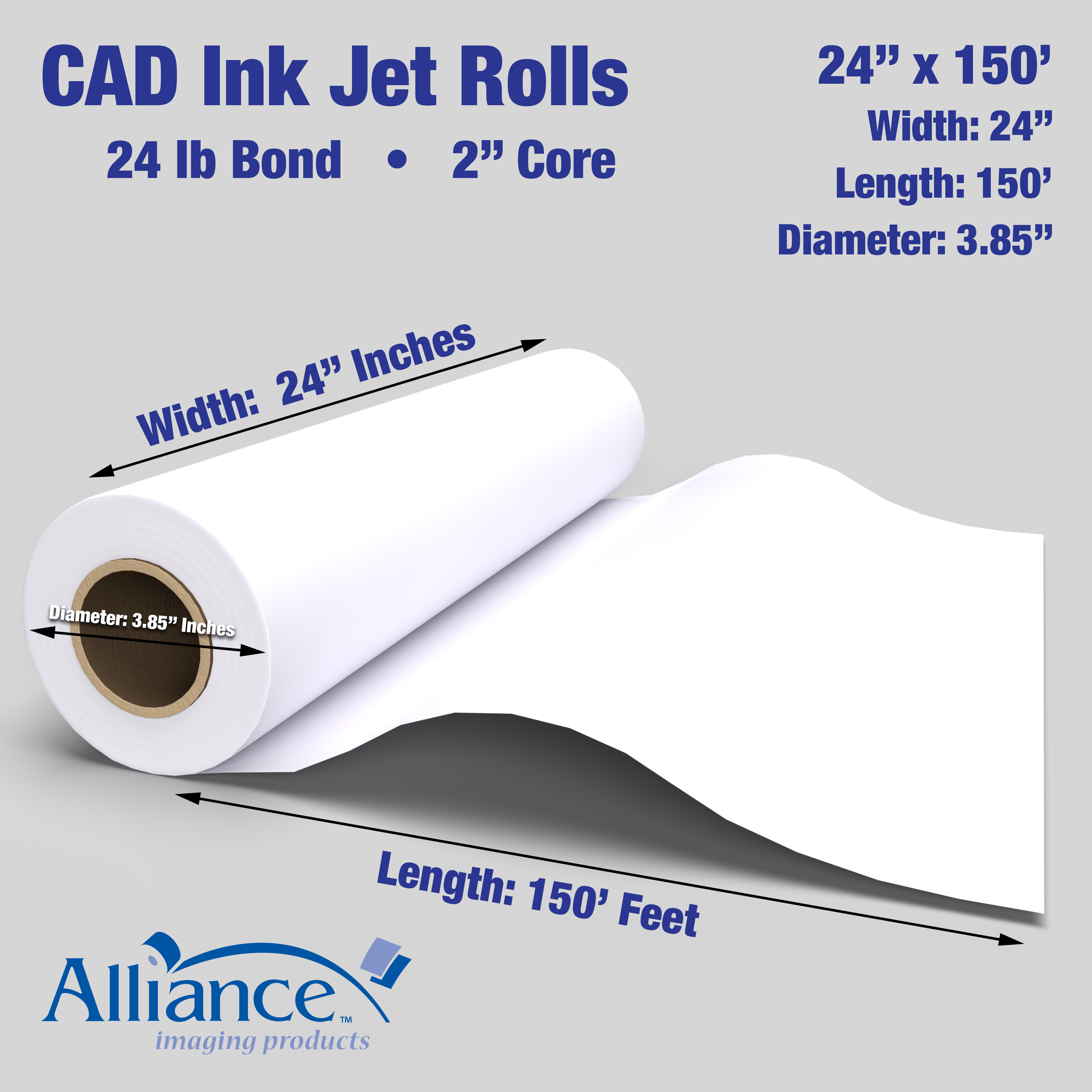 Alliance Wide Format Paper 24" x 150' CAD Bond 24lb | 92 Bright | 4 Rolls | 2" Core