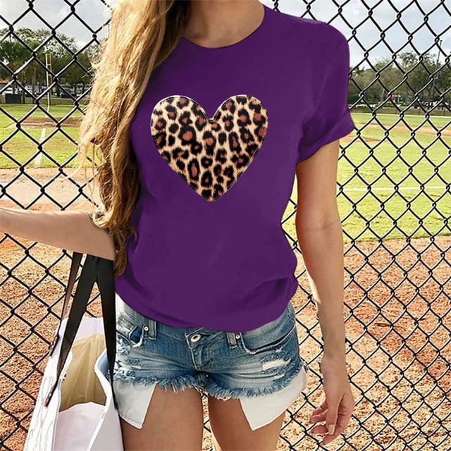 Soki Hauts Décontractés pour Femmes Imprimé Léopard Col Rond Manches Courtes T-Shirt