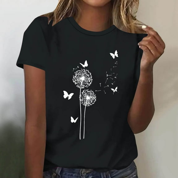 QUNYINEY Dandelion Women's T-Shirts Short Sleeve Pullover Casual Crew Neck Tops Loose Spring Tops for Women