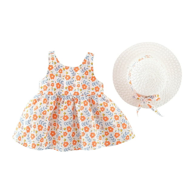 Ashirexll Robe Fille Sans Manches à Col Rond Couleur Unie Robe en Mélange de Coton Longueur Genou Orange 2 Ans