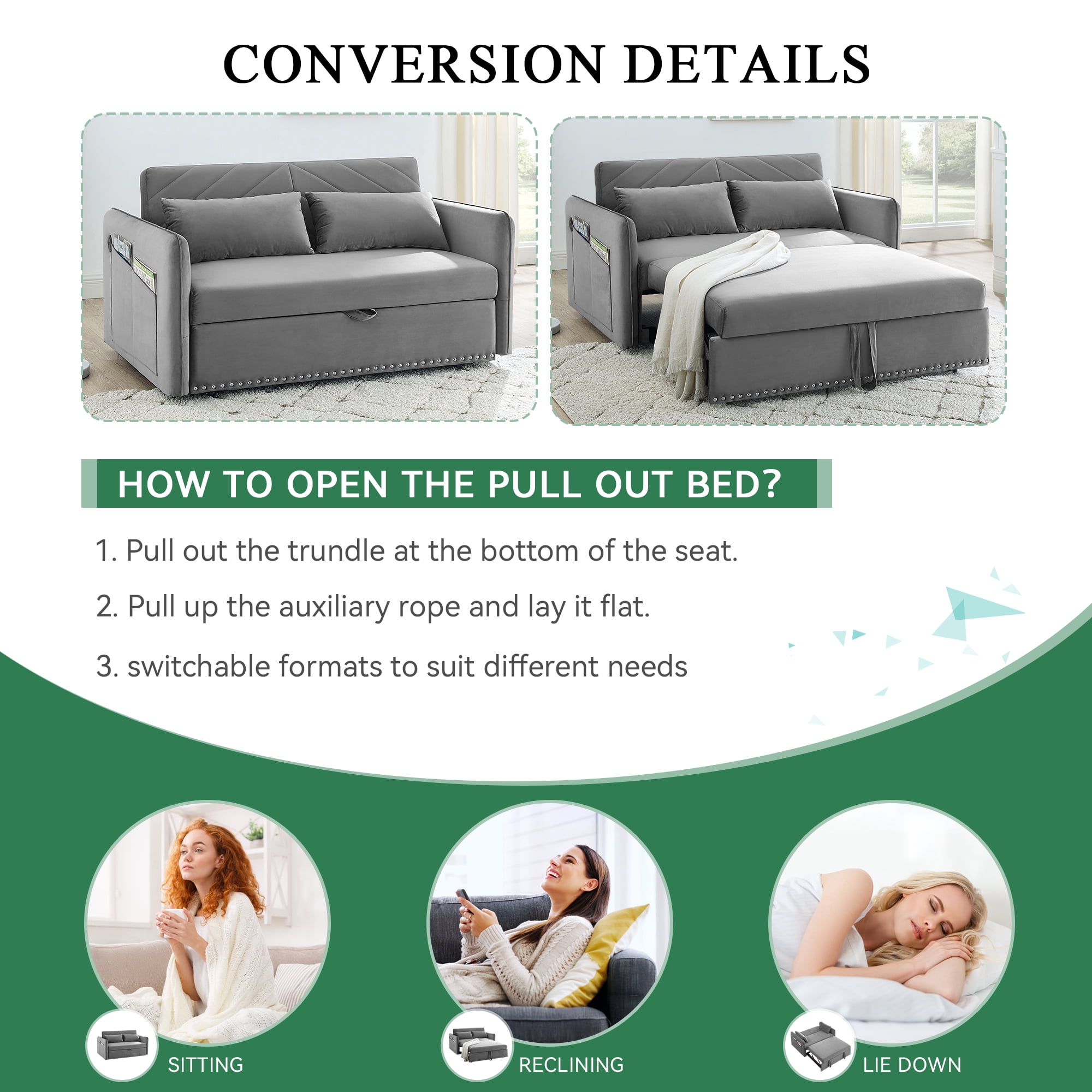 Dinosisco Convertible Sleeper Loveseat with USB, 55" Velvet Futon Sofa Bed, Gray