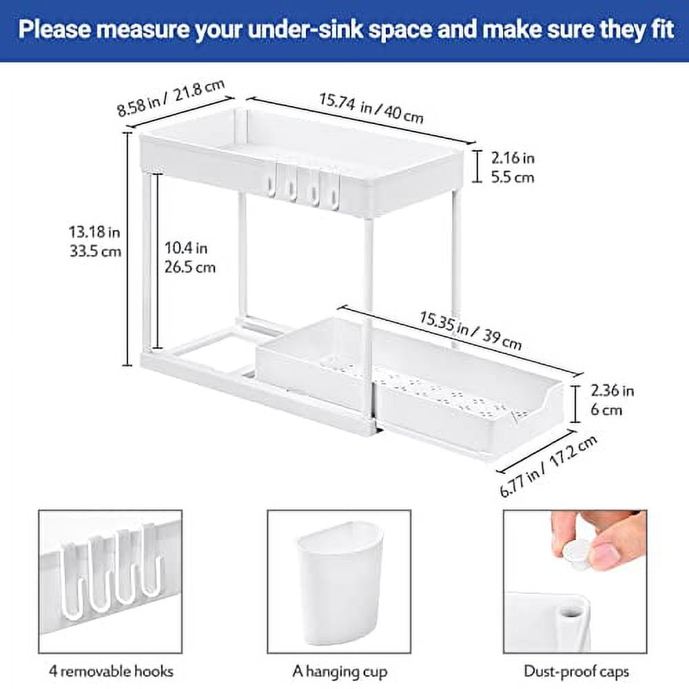 Puricon 1 Pack Under Sink Organizers and Storage Pull Out Sliding Drawer, 2 Tier Multi-purpose Kitchen Under the Sink Organizer Under Bathroom Sink Shelf Storage Rack for Countertop Laundry -White