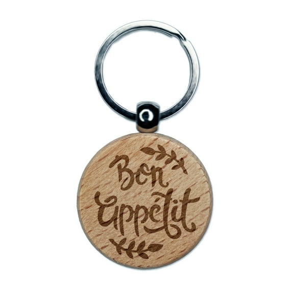 Bon Appetit Kitchen Round Keychain Charm Tag - Engraved Wood