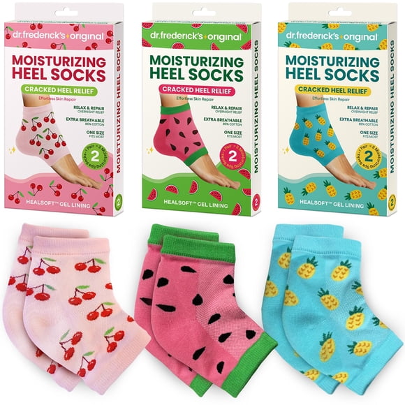 Calcetines hidratantes originales para el talón del Dr. Frederick's para el tratamiento del talón agrietado - 3 pares - Detenga los talones agrietados en seco - Estampado de verano