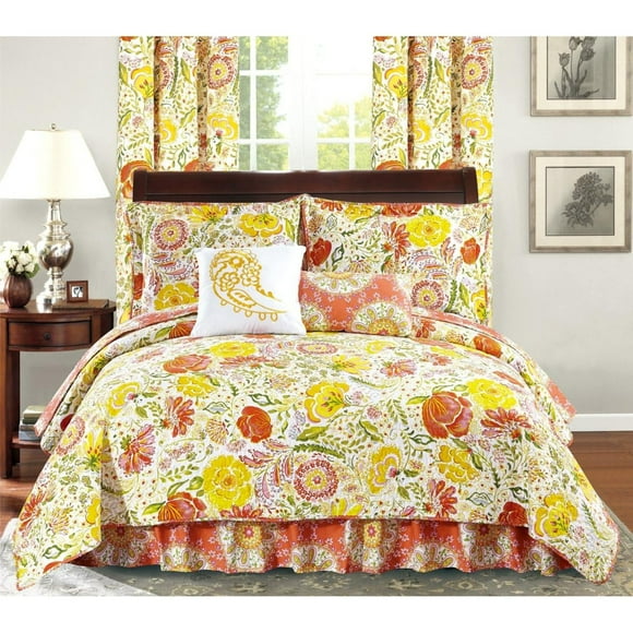 All American Collection New 4pc Flower Printed Reversible Bedspread Set with Dust Ruffle (Twin Size, Orange/Yellow)