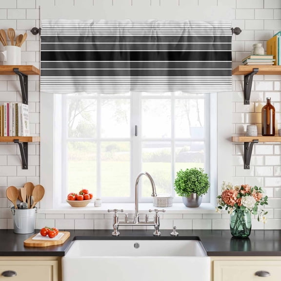 Curtain Valance for Windows Black Gray Gradient Stripe Short Rod Pocket Kitchen Valances Blackout Curtains Window Treatment for Living Room Bathroom Bedroom,54"x18"