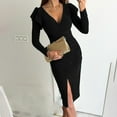 thumbnail image 6 of IROINNID Rollbacks Fall Dress for Women Semi Formal Evenning Party Bodycon Dress V Neck Solid Color Long Sleeve Long Dress Slim Evening Dress,Black, 6 of 9
