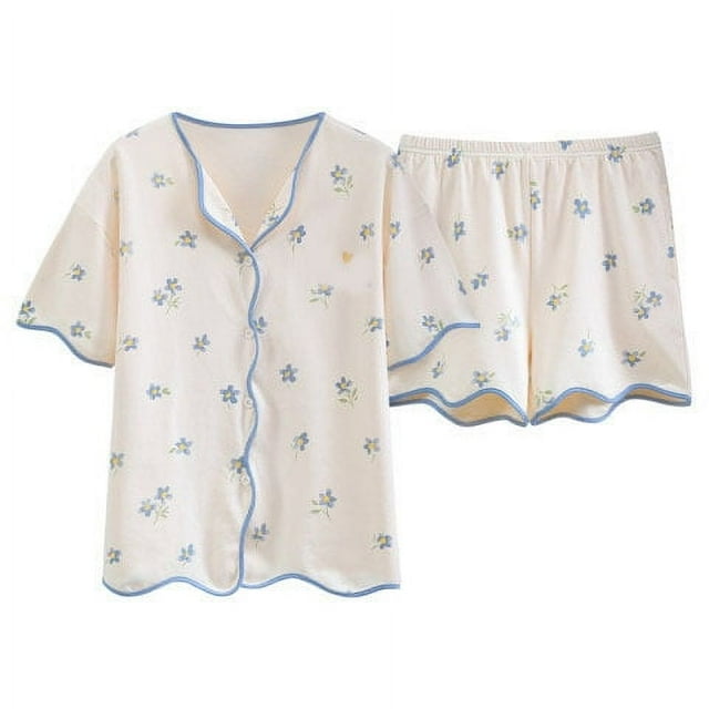 Conjunto de pijama para mujer, ropa de dormir de manga corta con botones, ropa de dormir de dos piezas, decoración floral