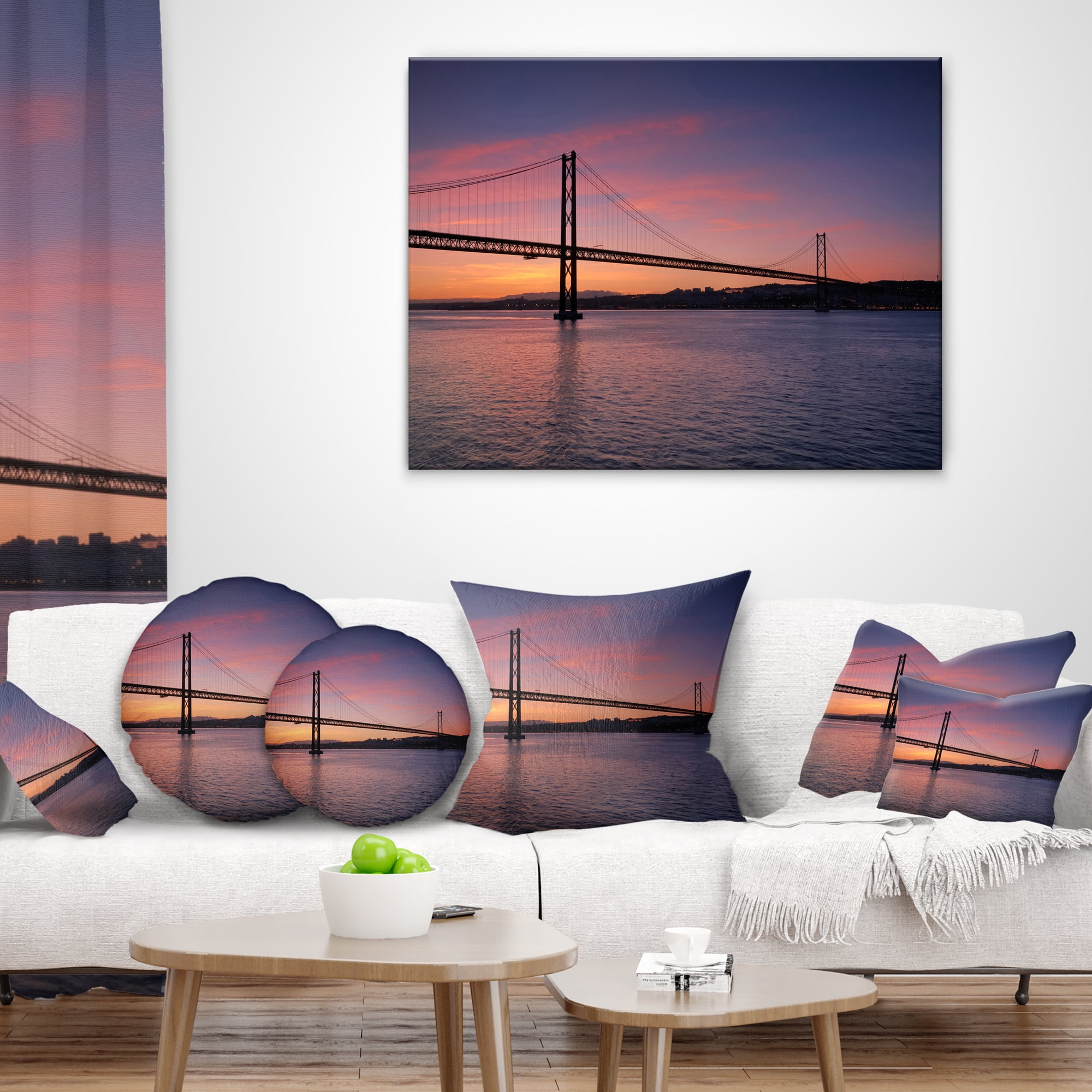 Designart Wonderful View of Lisbon Bridge - Pier Seascape Throw Pillow - 18x18