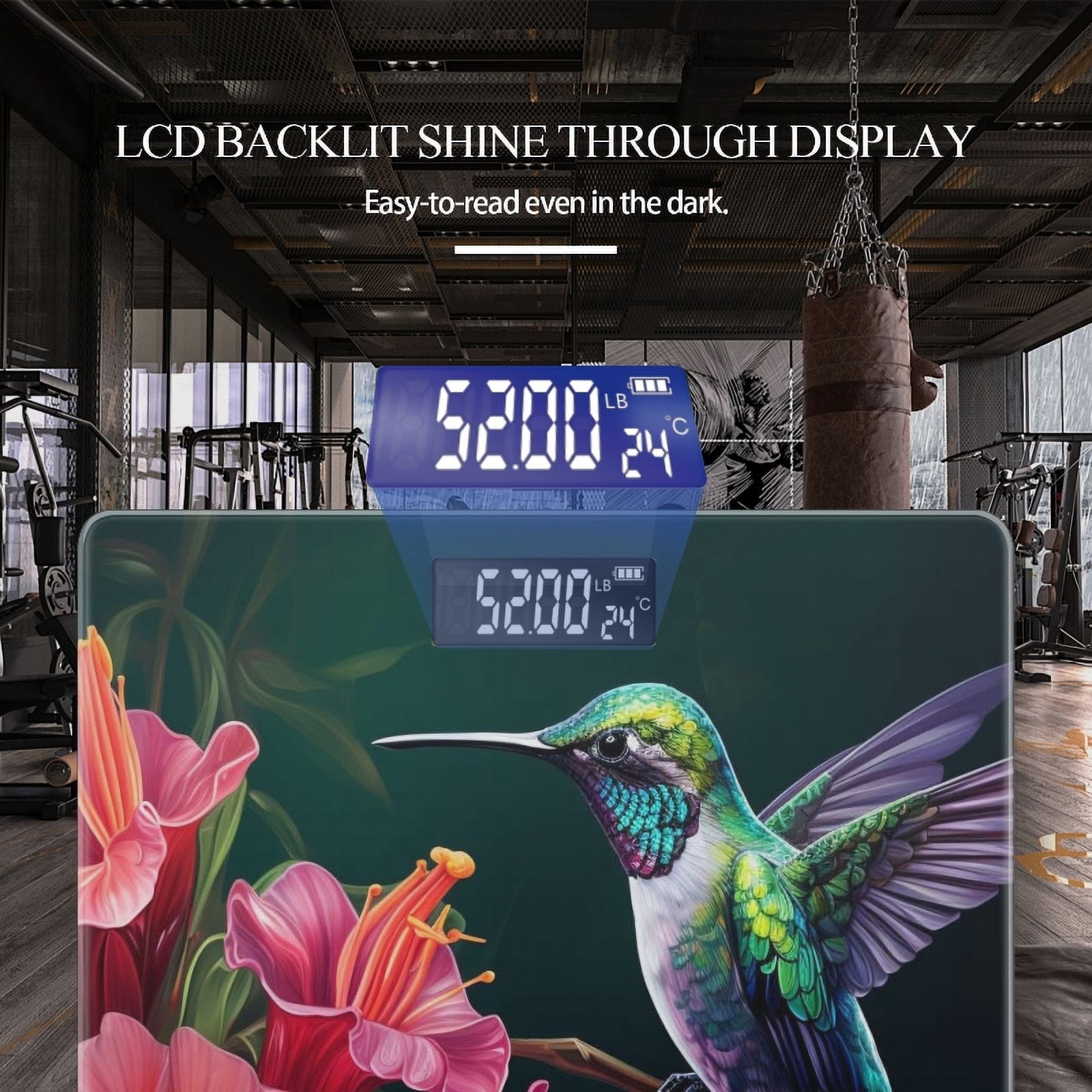 High Precision Body Weight Scale Smart Bathroom Scales with Large LCD Display(400lbs),Decorative for Bedroom-Colorful Hummingbird Sitting On The Branch Of Hibiscus Flowers