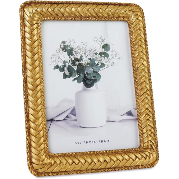 5x7 Gold Picture Frame, Ornate Decorative Rattan Resin Photo Frame, Gold Frames Braided Design for Tabletop Display or Wall Hanging, Elegant Home Decor