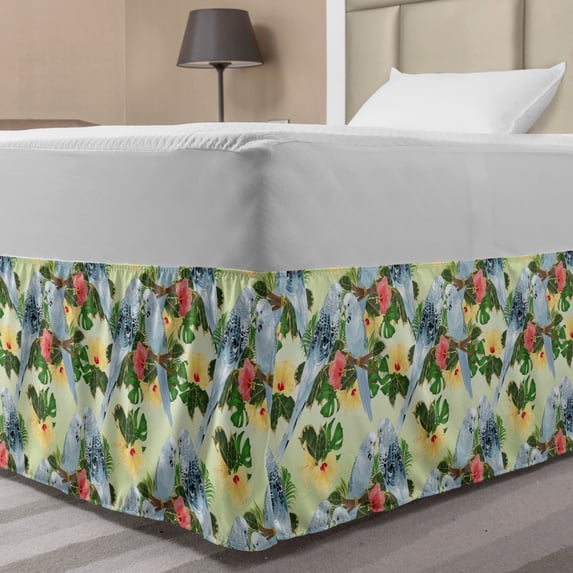 Hibiscus Bed Skirt, Composition of Floral Elements and Budgerigars Birds, Elastic Bedskirt Dust Ruffle Wrap Around for Bedding Decor, 4 Sizes, Multicolor, by Ambesonne