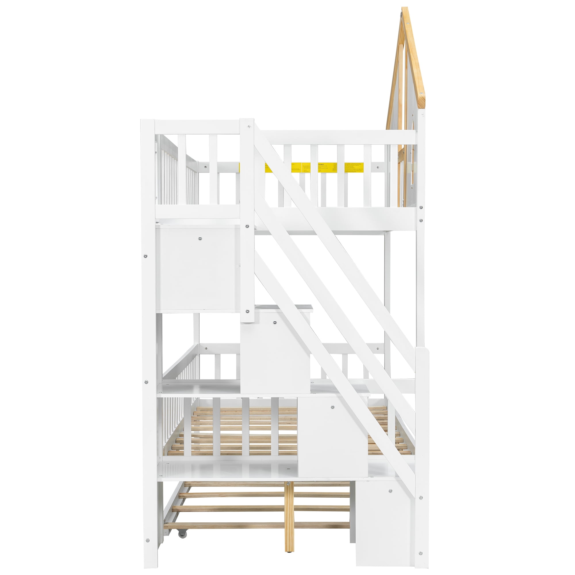 Euroco Wood Twin over Twin Bunk Bed with Trundle, House Bed with Storage Staircase, White