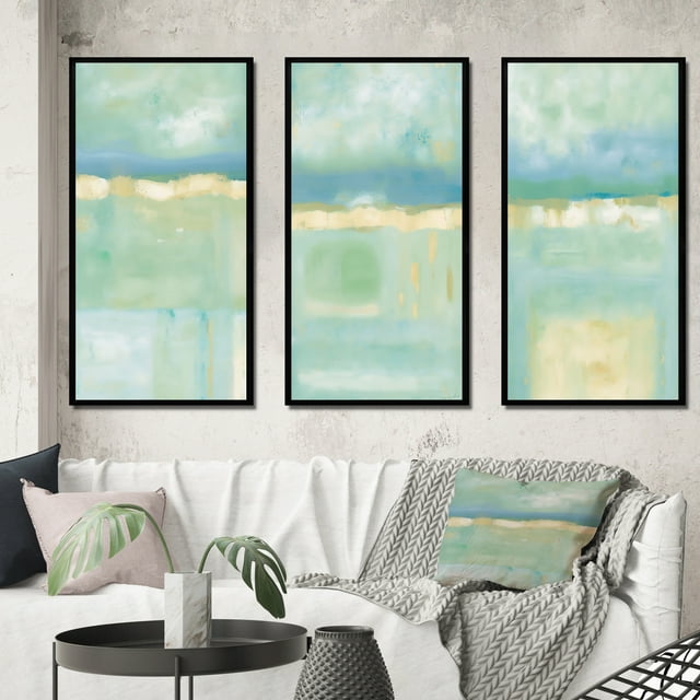 Designart "Landscape of Olive Sprigs - Nature's Canvas I" Abstract Liquid Ink Framed Wall Art Set Of 3 - Blue Modern Frame Canvas Set For Living Room Decor
