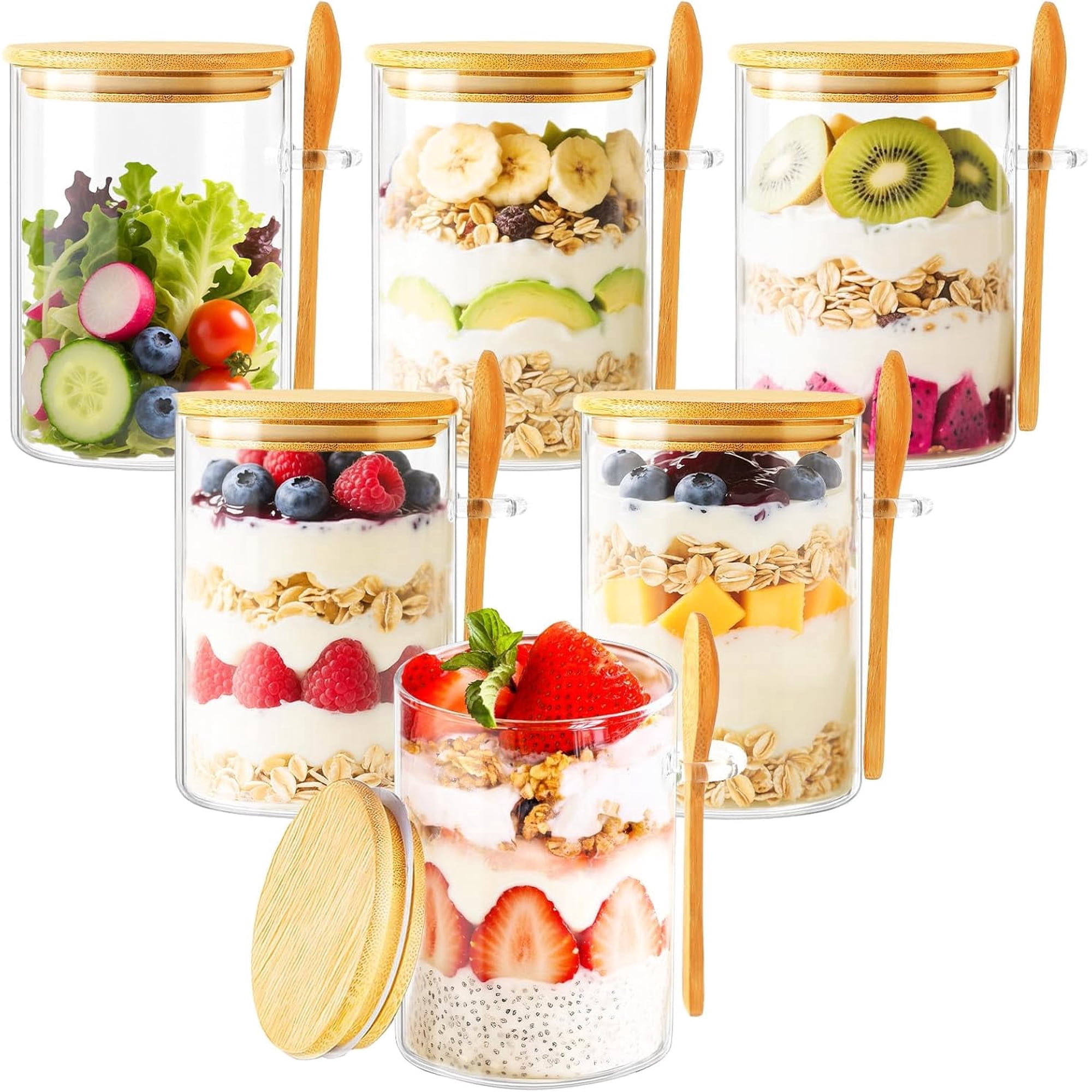 TBWIND 16oz Overnight Oats Containers with Lids and Spoons, 6 Pack Glass Jars with Bamboo Lids, Airtight Meal Prep Yogurt Containers for Breakfast, Parfait, Salad, Chia Pudding