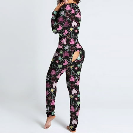 

PEONAVET Onesie Pajamas for Women Sexy V Neck Butt Button Flap Jumpsuit Fashion Printed Jumpsuits Long Sleeve Button Onesies Pajama Club Rompers Sleepwear Gifts for Women