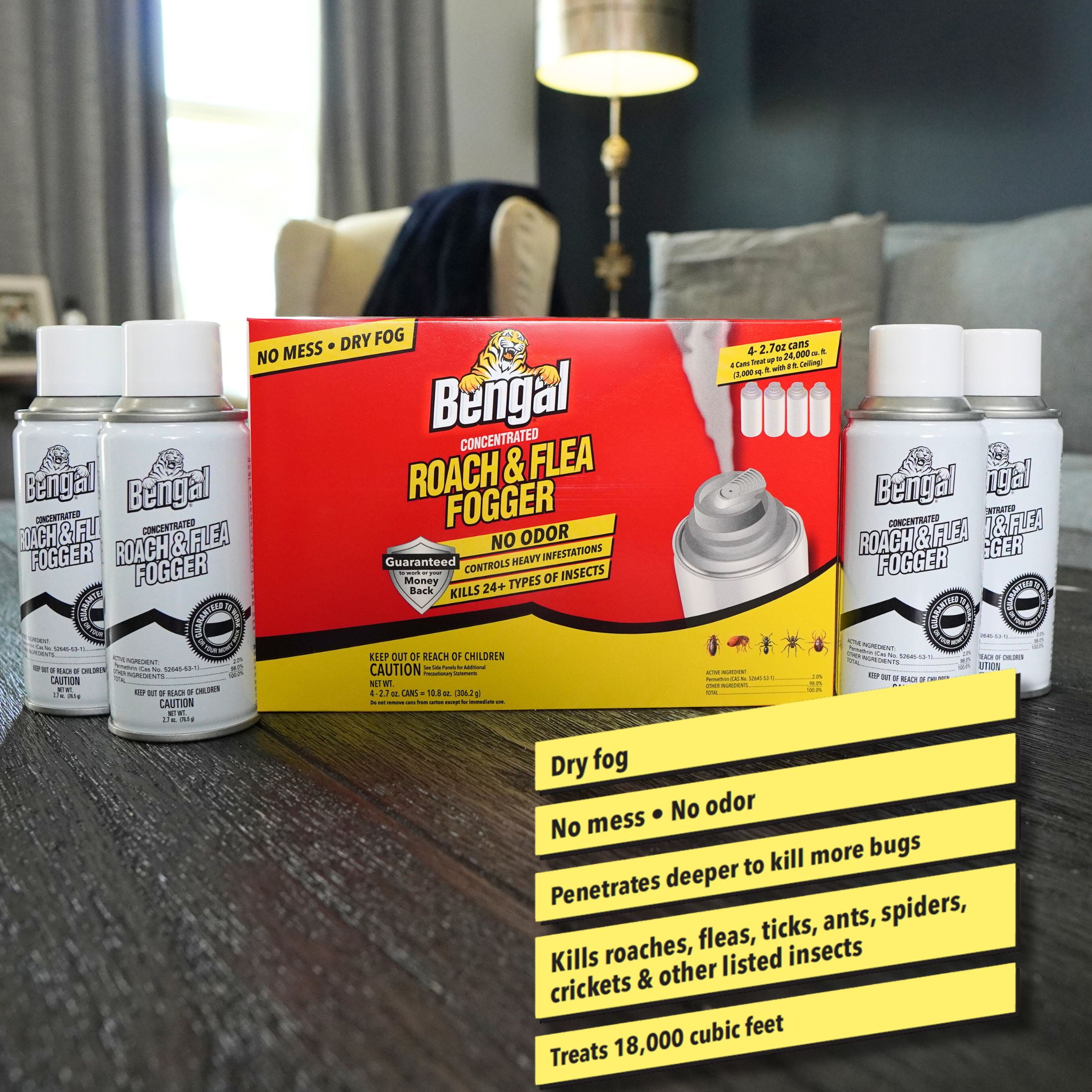 Bengal Concentrated Roach and Flea Fogger, Odorless Mess-Free Dry Fog, 4 Count, 2.7 oz Aerosol Cans