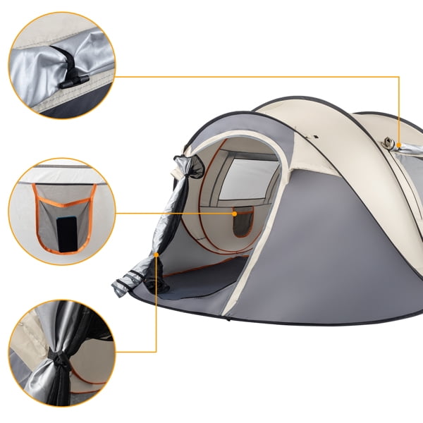 Alvantor 4 Person Pop up Camping Tent with 2 Vestibules,190T Polyester,Oxford Floor,Fiberglass Poles,Khaki,110.2 x 78.7 x 47.2 in